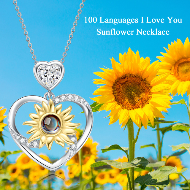 Zweifarbige Halskette mit Sonnenblumen-Anhänger aus Sterlingsilber mit Moissanit-Herz-2