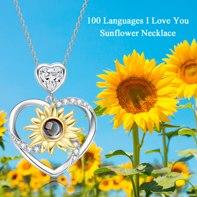 Collar con colgante de girasol y moissanita en forma de corazón de dos tonos de plata de ley-2