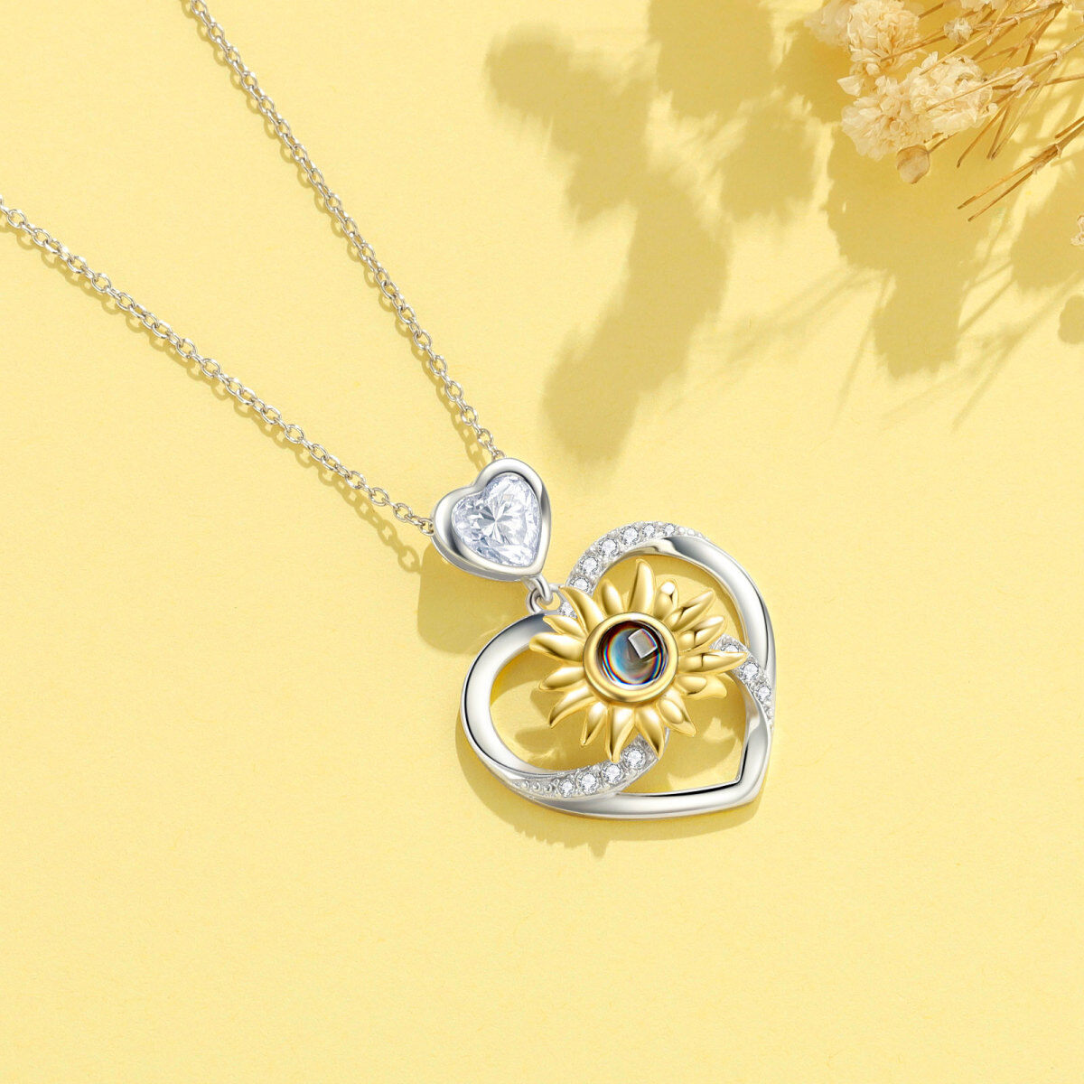 Sterling Silver Two-tone Heart Moissanite Sunflower Pendant Necklace-6