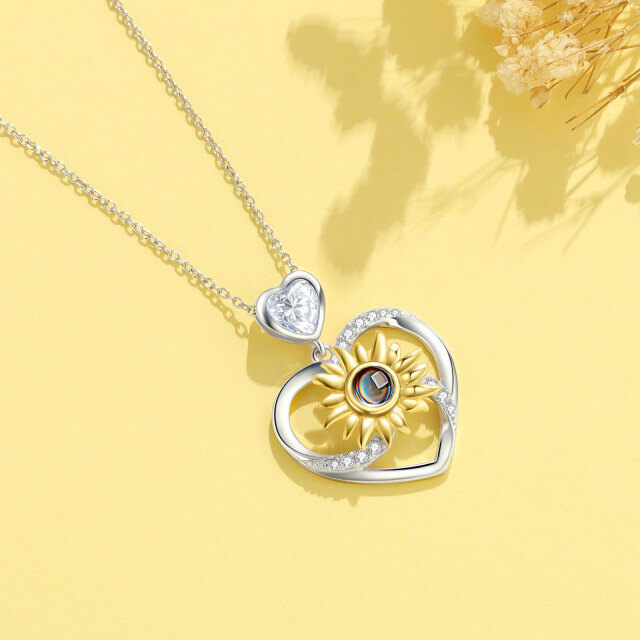 Sterling Silver Two-tone Heart Moissanite Sunflower Pendant Necklace-5