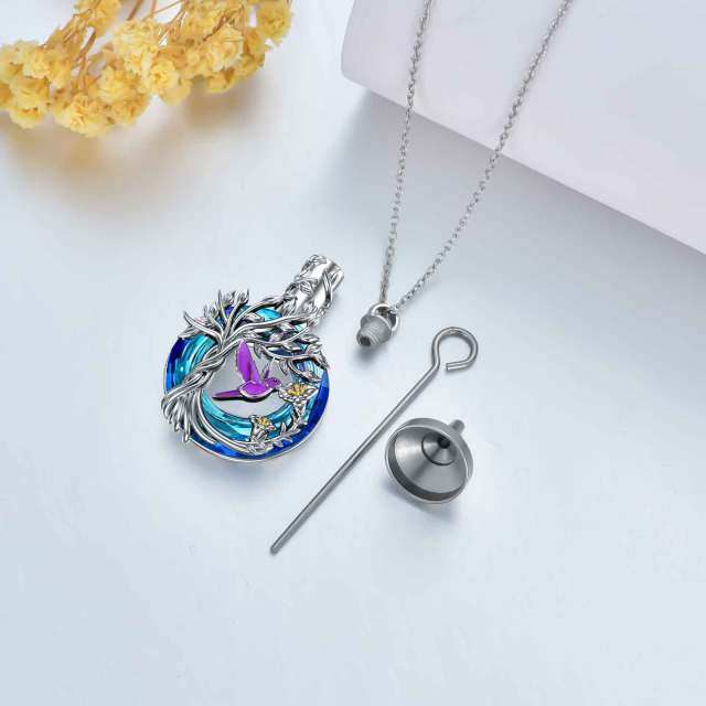 Sterling Silber zweifarbig kreisförmig Kristall Kolibri & Baum des Lebens Urne Halskette-3