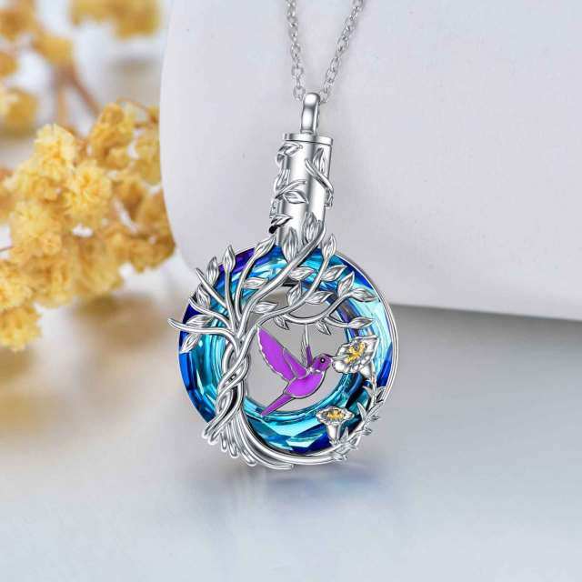 Sterling Silver Two-tone Circular Shaped Crystal Hummingbird & Tree Of Life Urn Necklace for Ashes-2
