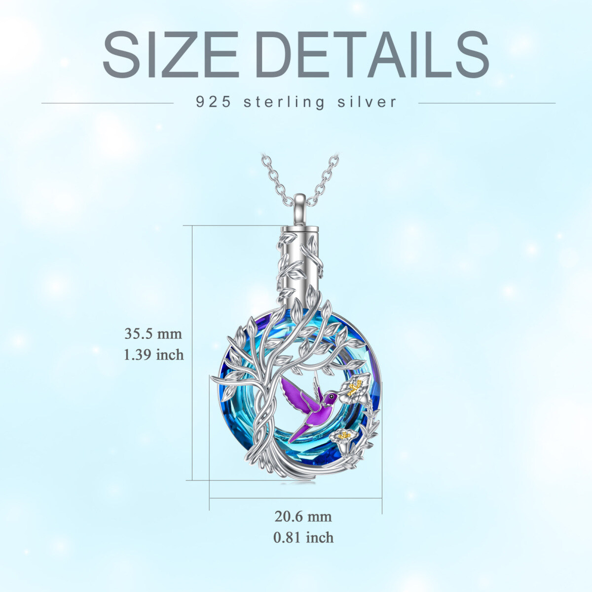 Sterling Silver Two-tone Circular Shaped Crystal Hummingbird & Tree Of Life Urn Necklace for Ashes-5