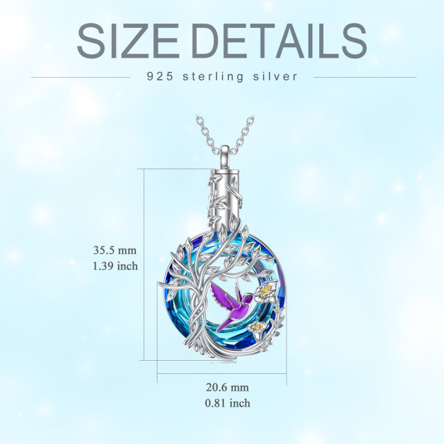 Sterling Silver Two-tone Circular Shaped Crystal Hummingbird & Tree Of Life Urn Necklace for Ashes-4