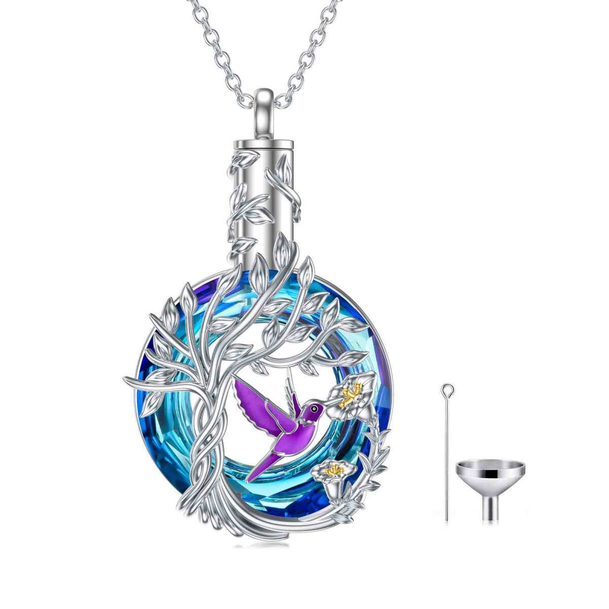 Sterling Silver Two-tone Circular Shaped Crystal Hummingbird & Tree Of Life Urn Necklace for Ashes-1