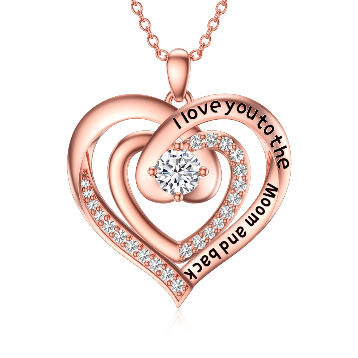 Sterling Silver with Rose Gold Plated Round Moissanite Heart With Heart Pendant Necklace with Engraved Word-1