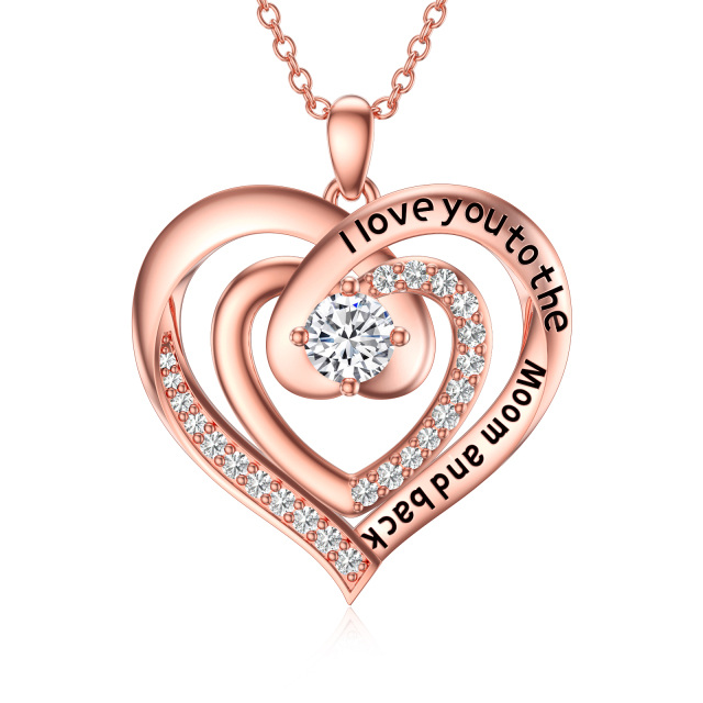 Sterling Silver with Rose Gold Plated Round Moissanite Heart With Heart Pendant Necklace with Engraved Word-0