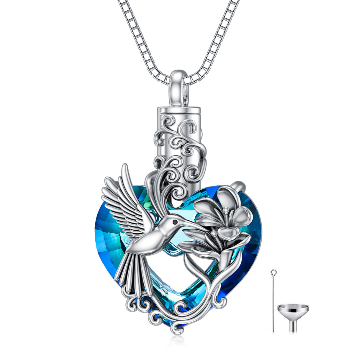 Collier en argent sterling avec urne en forme de coeur en cristal colibri et violette-1