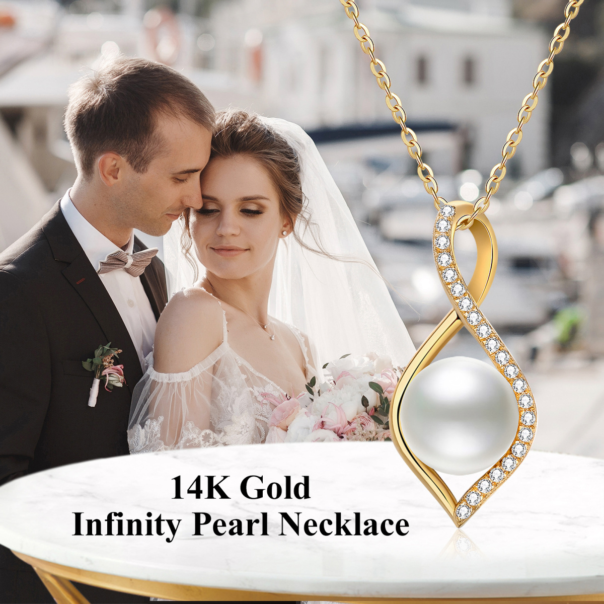Collar colgante de oro de 14 quilates con moissanita y perla símbolo infinito-6