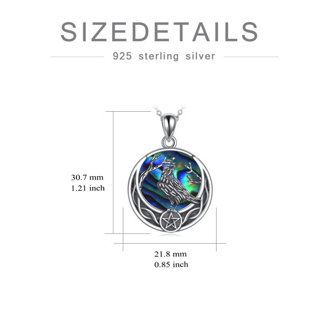 Sterling Silver Round Abalone Shellfish Raven & Pentagram Pendant Necklace-4