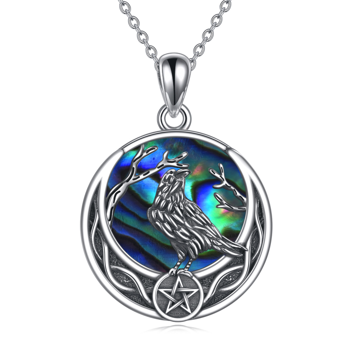 Sterling Silver Round Abalone Shellfish Raven & Pentagram Pendant Necklace-1