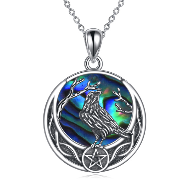 Sterling Silver Round Abalone Shellfish Raven & Pentagram Pendant Necklace-0
