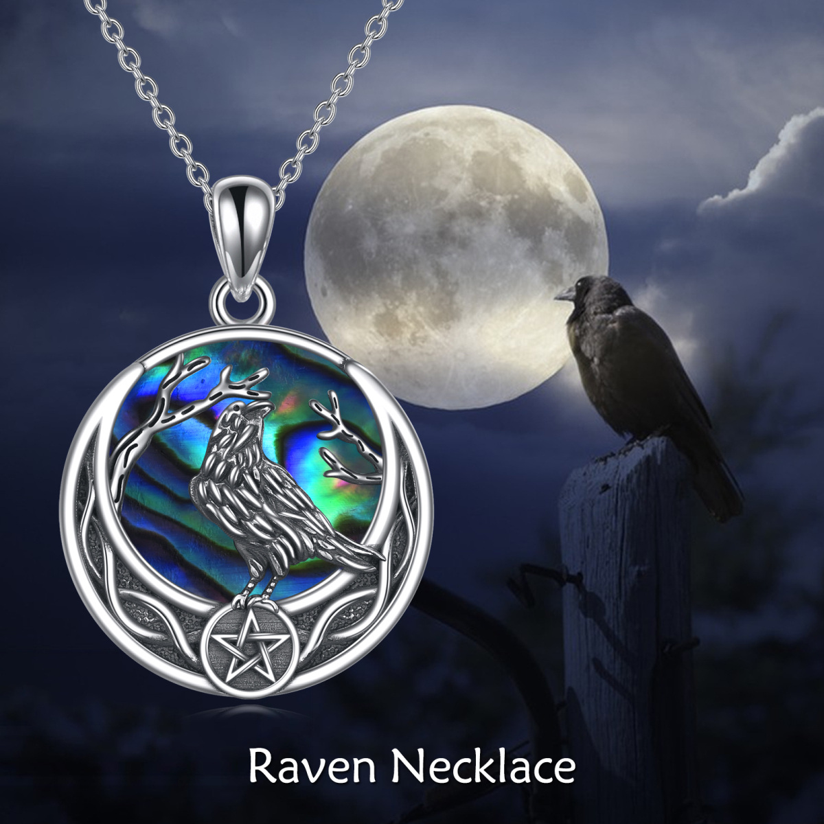 Sterling Silver Round Abalone Shellfish Raven & Pentagram Pendant Necklace-6