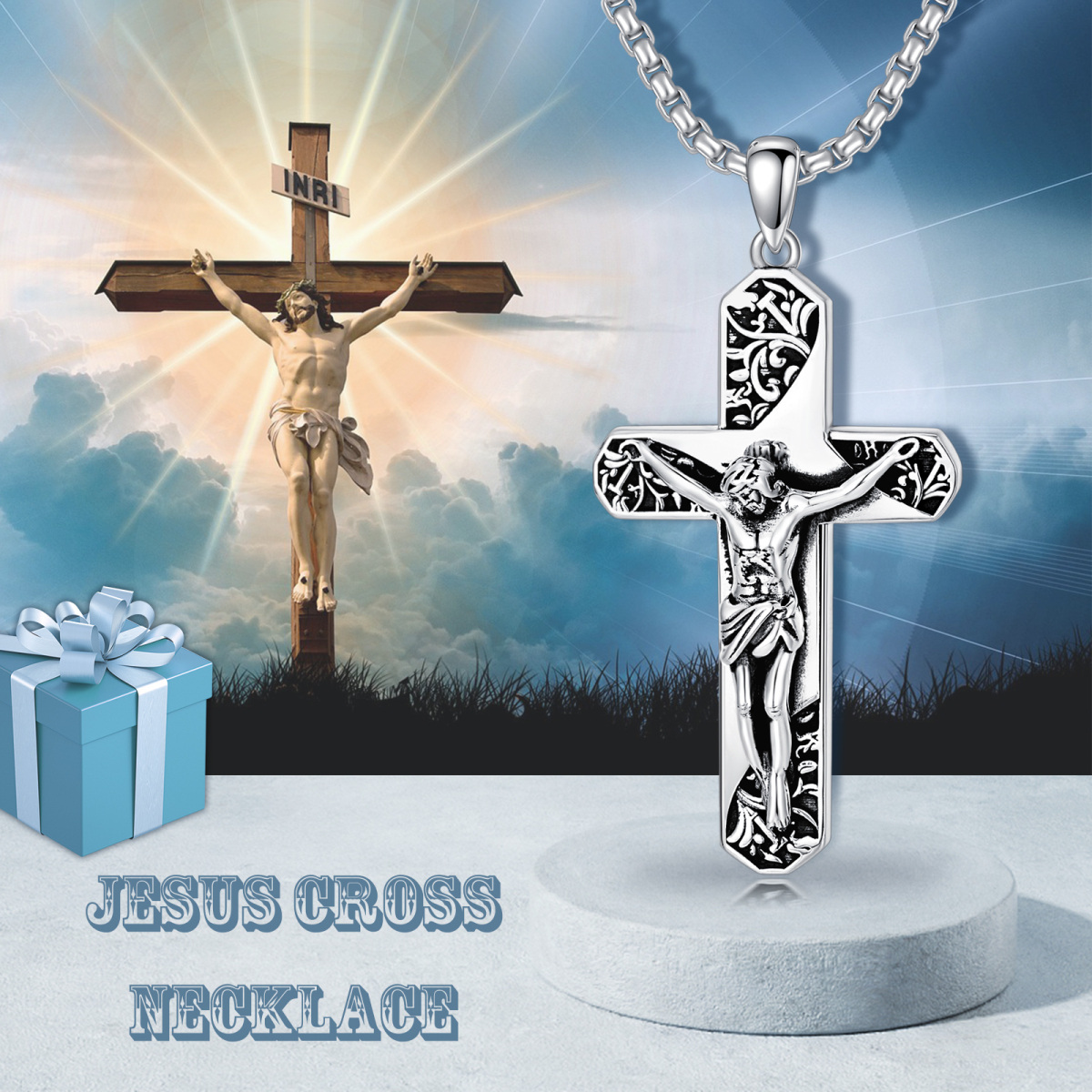 Cruz de plata de ley y Jesús colgante collar para hombres con cadena de caja-6