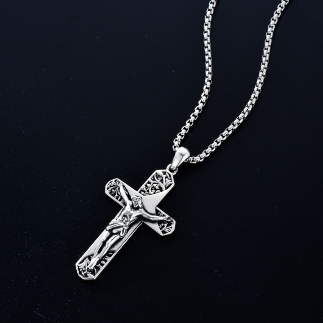 Collier en argent sterling avec pendentif Croix et Jésus pour hommes avec chaîne en forme de boîte-3