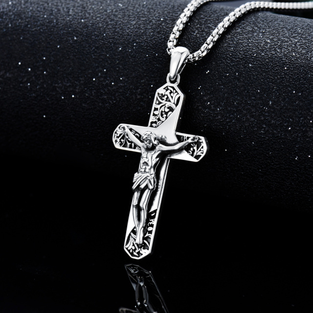 Sterling Silver Cross & Jesus Pendant Necklace for Men with Box Chain-2