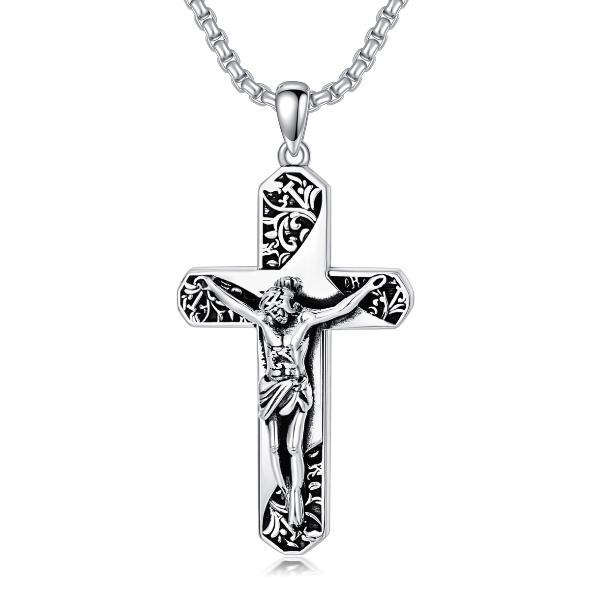 Collier en argent sterling avec pendentif Croix et Jésus pour hommes avec chaîne en forme de boîte-1