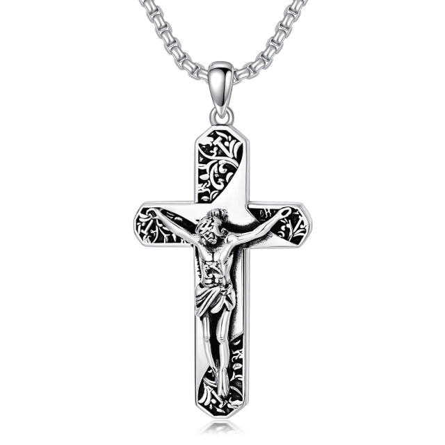 Cruz de plata de ley y Jesús colgante collar para hombres con cadena de caja-0