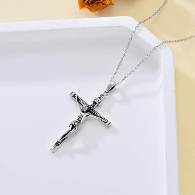 Sterling Silver Vintage Jesus Cross Pendant Necklace-3