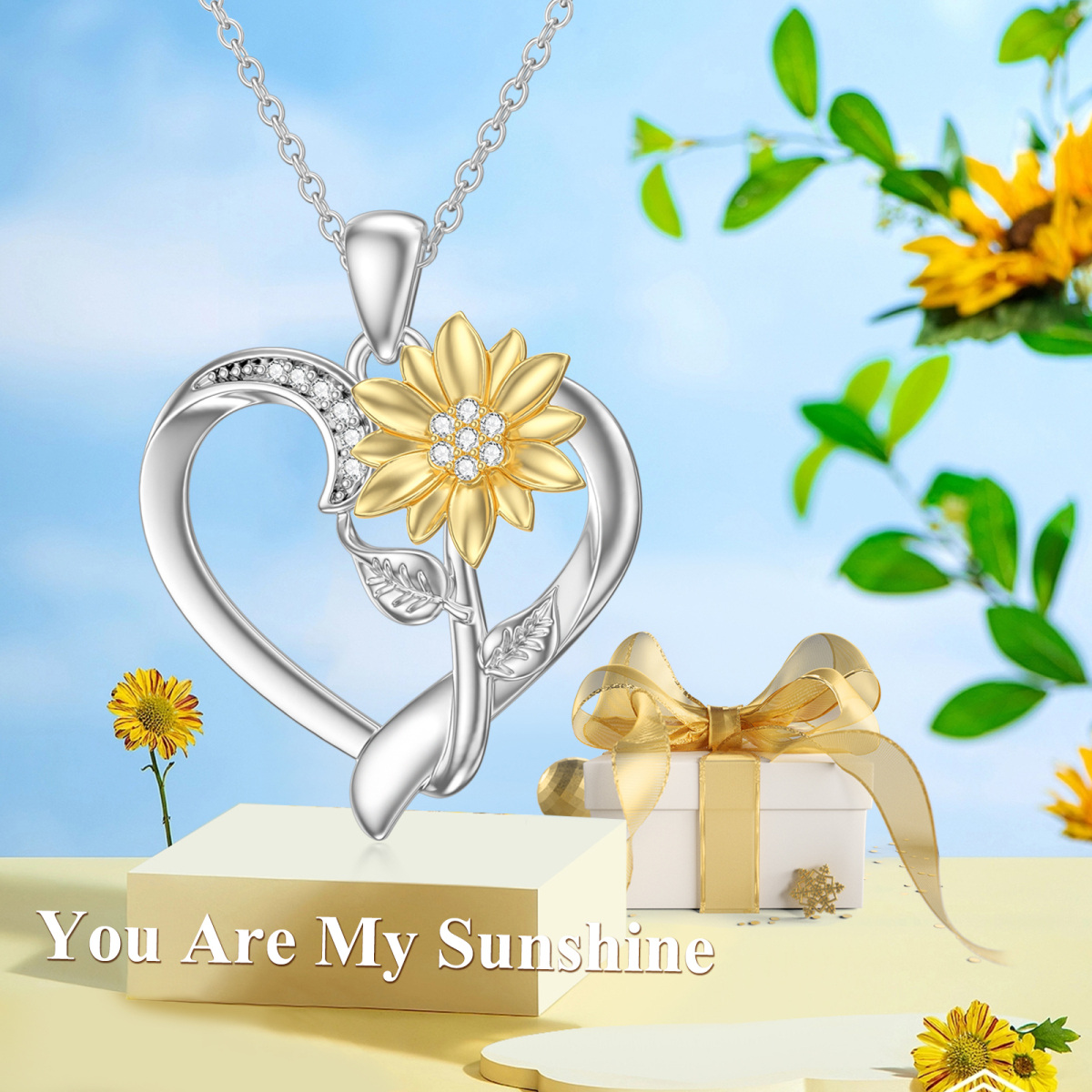 Sterling Silver Two-tone Round Clear Diamond Sunflower & Heart Pendant Necklace-5