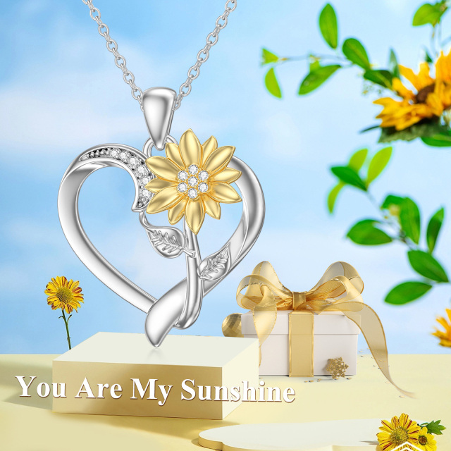 Sterling Silver Two-tone Round Clear Diamond Sunflower & Heart Pendant Necklace-4