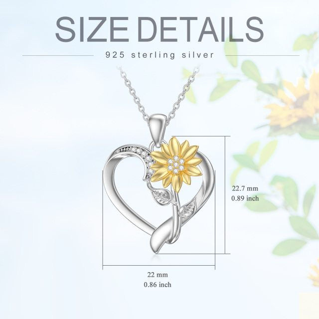 Sterling Silver Two-tone Round Clear Diamond Sunflower & Heart Pendant Necklace-3