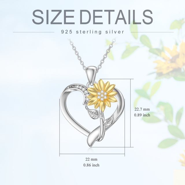 Collier en argent sterling avec pendentif tournesol et cœur en diamant clair rond bicolore-3