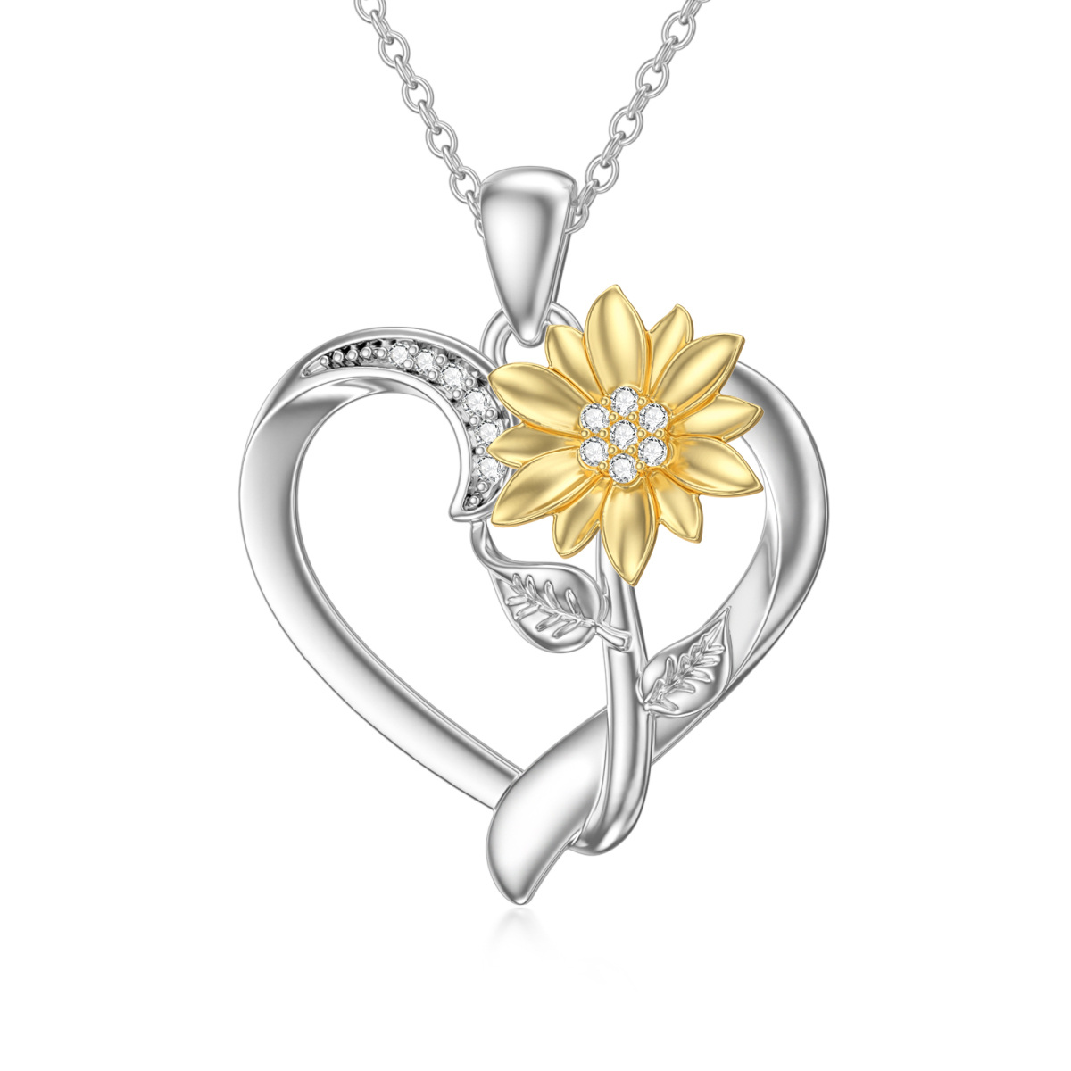 Sterling Silver Two-tone Round Clear Diamond Sunflower & Heart Pendant Necklace-1