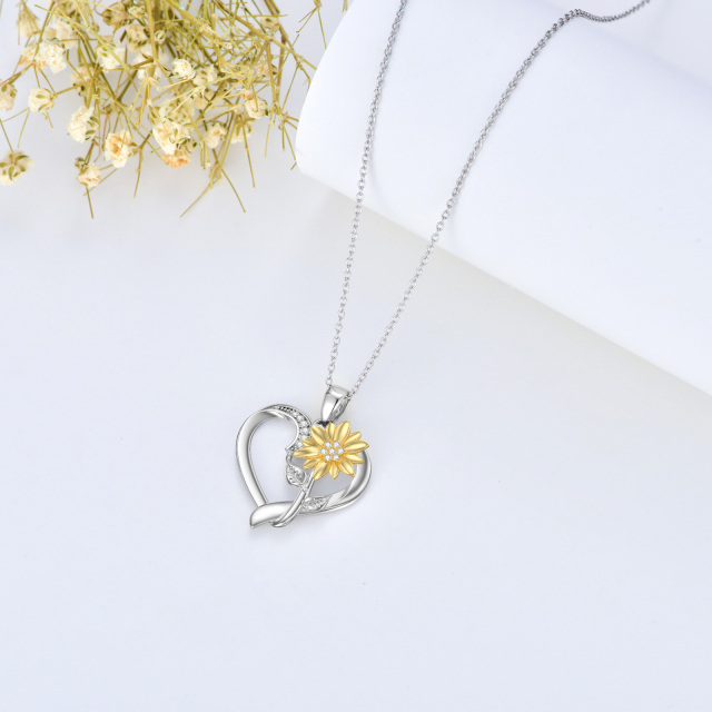 Sterling Silver Two-tone Round Clear Diamond Sunflower & Heart Pendant Necklace-2