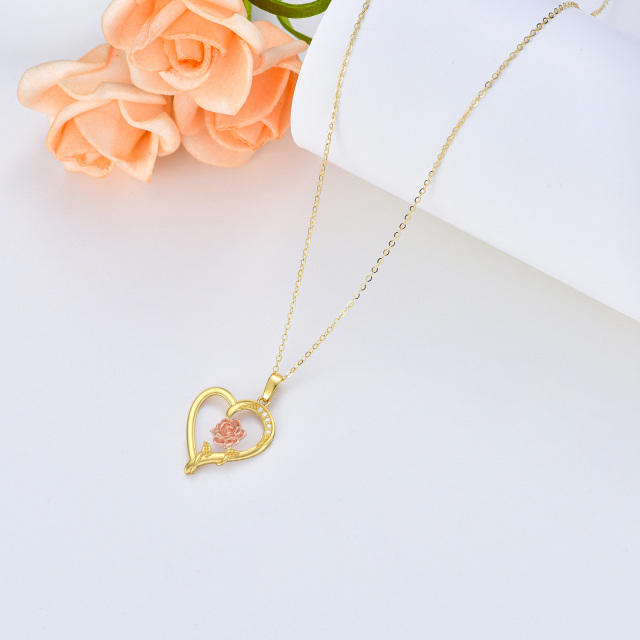 14K Gold & Rose Gold Moissanite Rose & Heart Pendant Necklace-3