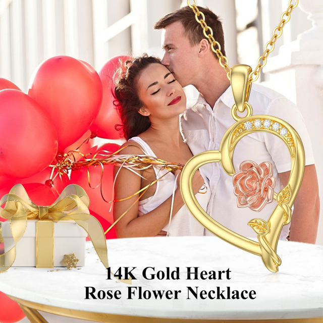 14K Gold & Rose Gold Moissanit Rose & Herz Anhänger Halskette-4