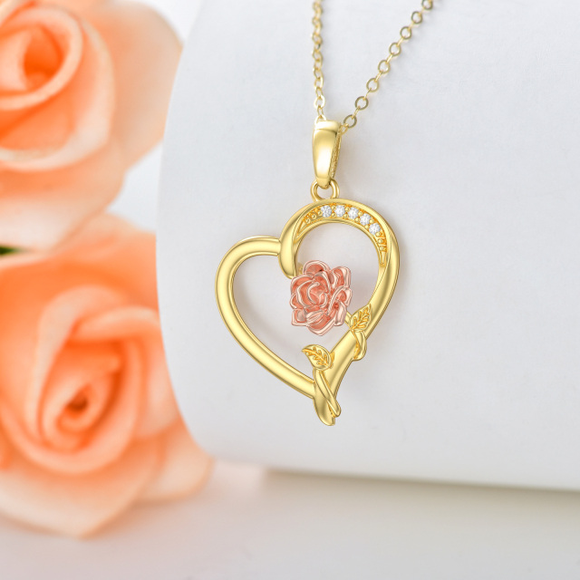 Colar com pingente de coração e rosa Moissanite em ouro 14K e ouro rosa-3