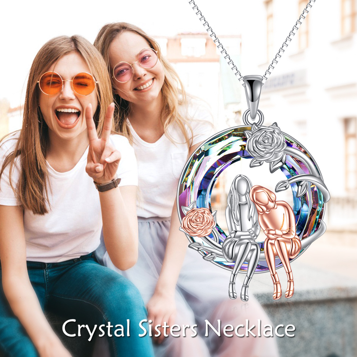 Sterling Silver Two-tone Circular Shaped Crystal Sisters Pendant Necklace-5