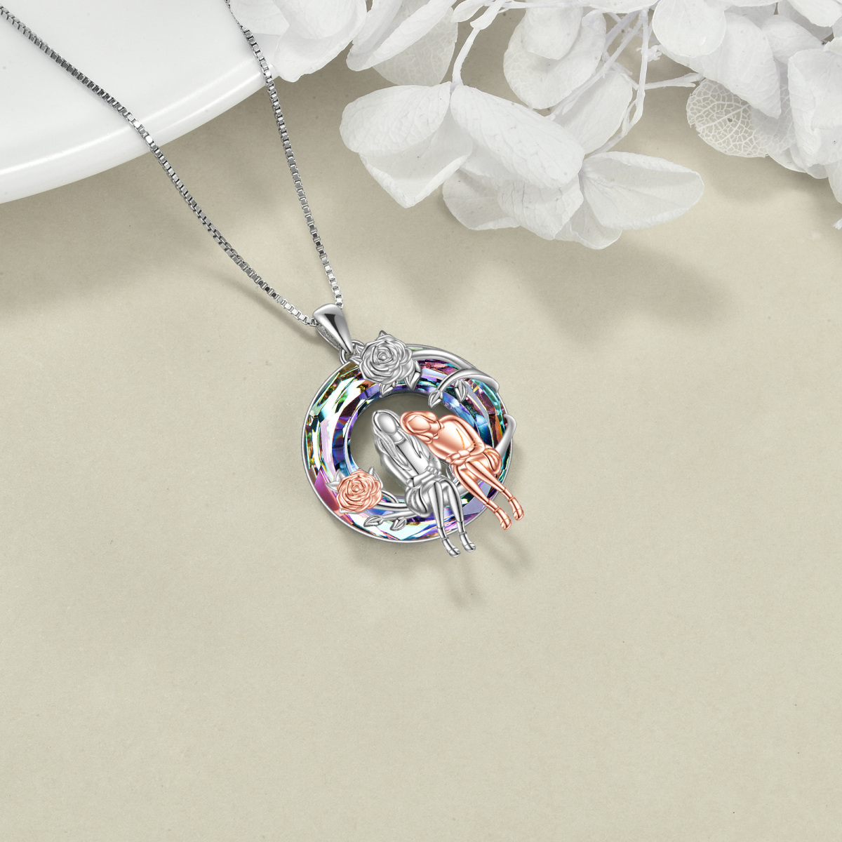 Sterling Silver Two-tone Circular Shaped Crystal Sisters Pendant Necklace-4