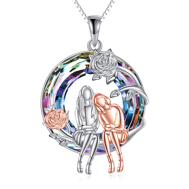 Sterling Silver Two-tone Circular Shaped Crystal Sisters Pendant Necklace-3