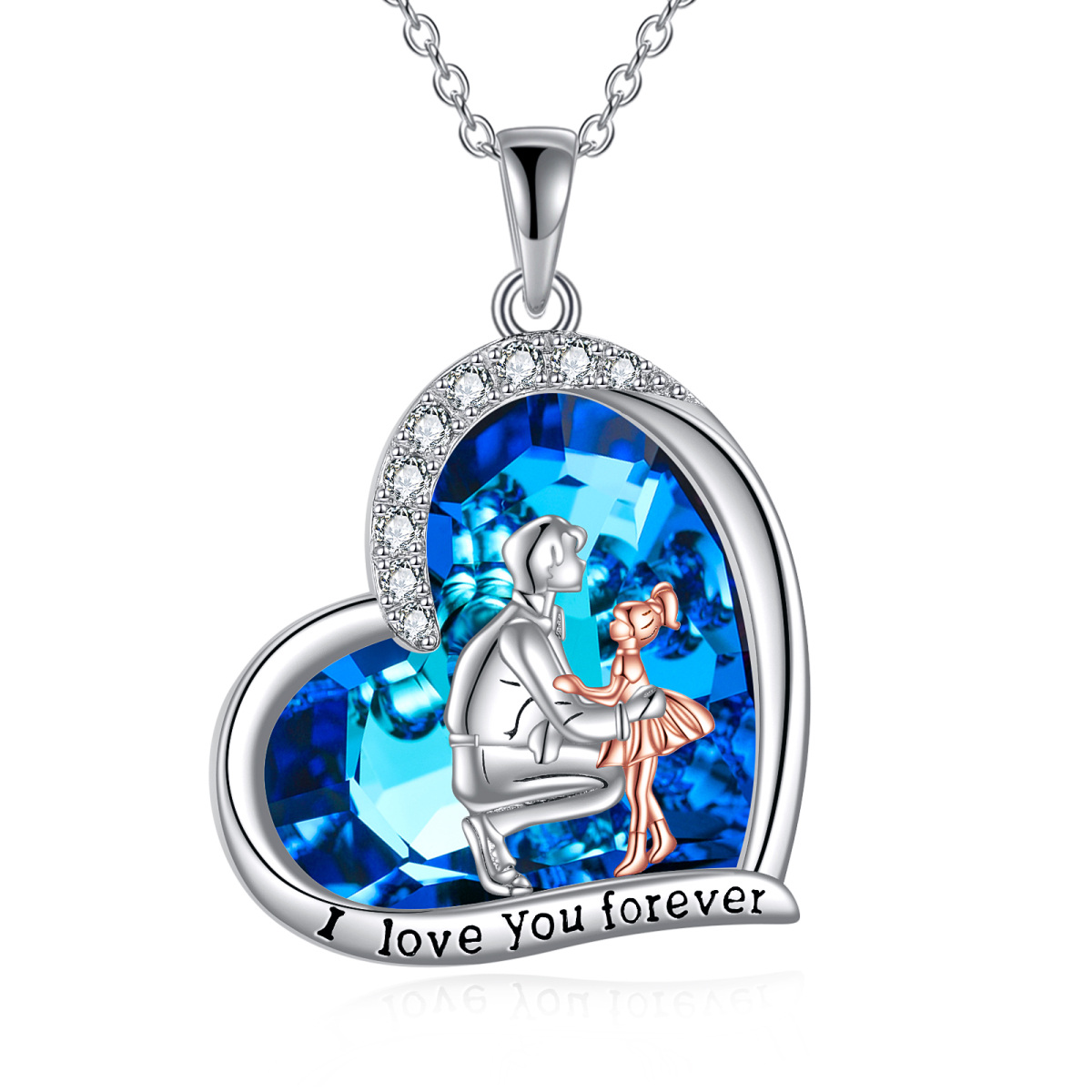 Sterling Silver Two-tone Father & Daughter Heart Crystal Pendant Necklace with Engraved Word-1