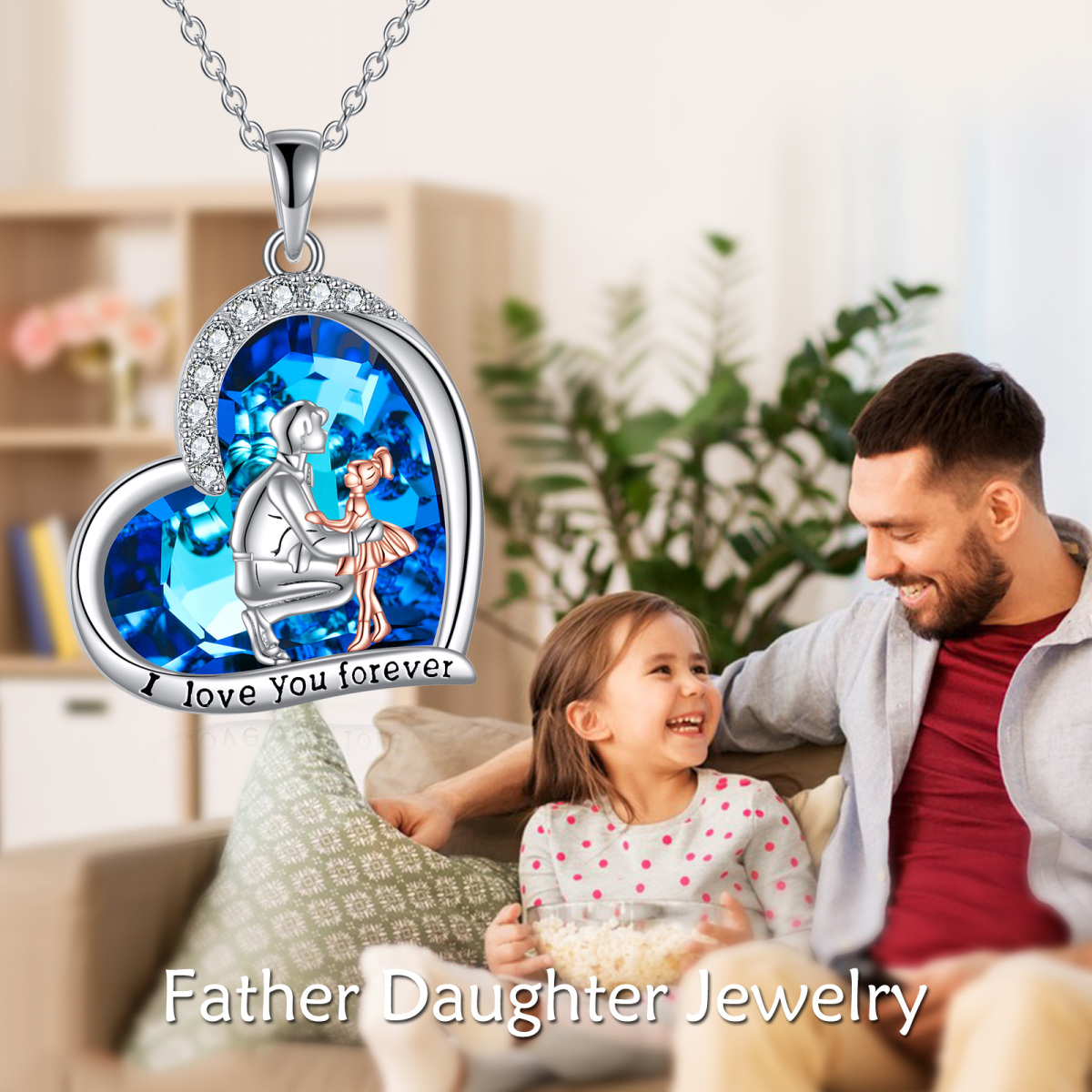 Sterling Silber zweifarbig Vater & Tochter Herz Kristall Anhänger Halskette mit eingraviertem Wort-6