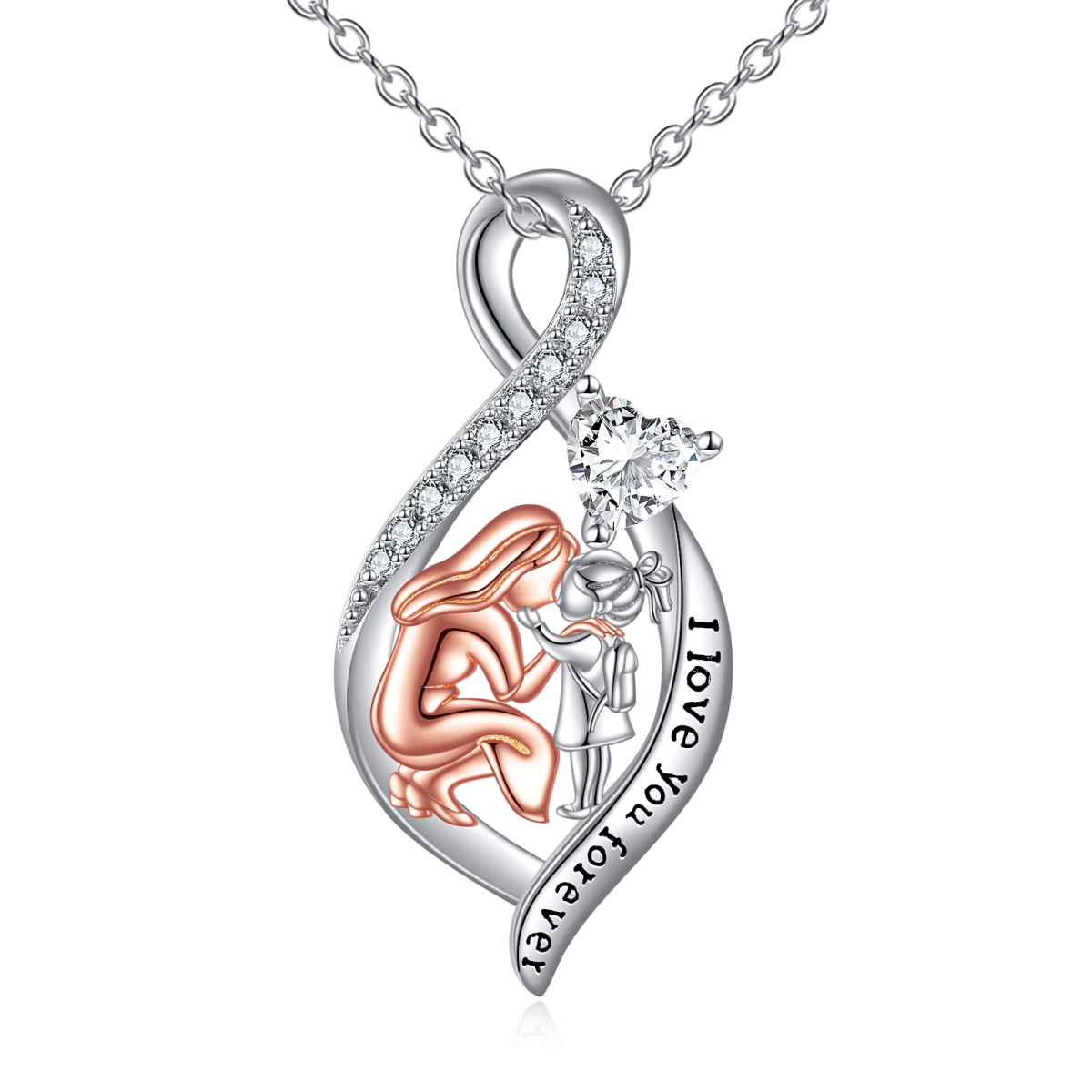 Sterling Silver Two-tone Cubic Zirconia Mother Pendant Necklace with Engraved Word-1