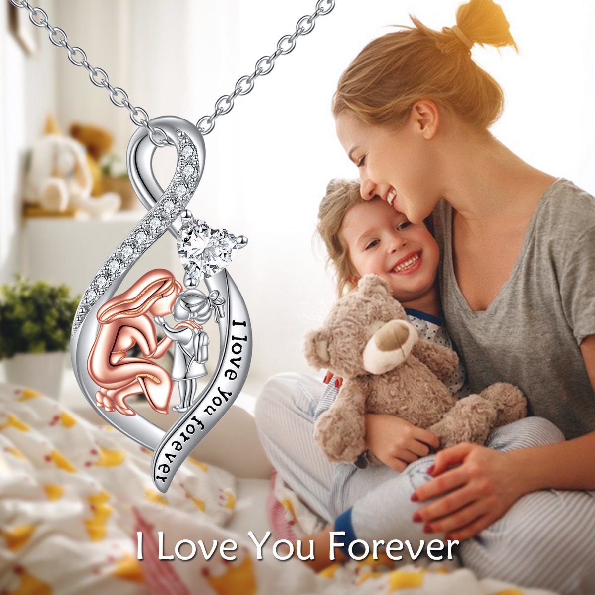 Sterling Silver Two-tone Cubic Zirconia Mother Pendant Necklace with Engraved Word-6