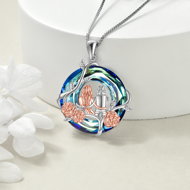 Round Flowers Necklaces Blue Crystal Sterling Silver Pendant For Sister-3