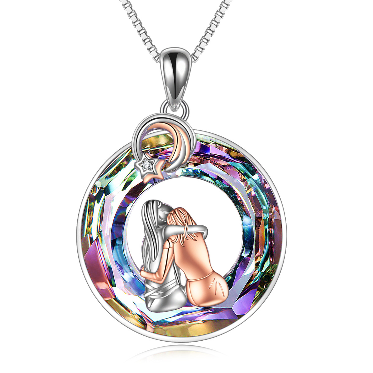 Sterling Silver Two-tone Hugging Sisters with Circle Crystal Pendant Necklace-1