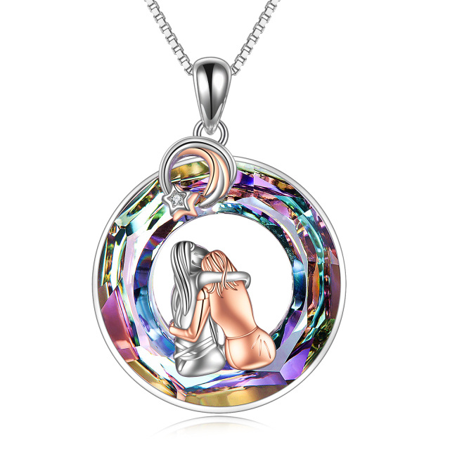 Sterling Silver Two-tone Hugging Sisters with Circle Crystal Pendant Necklace-0