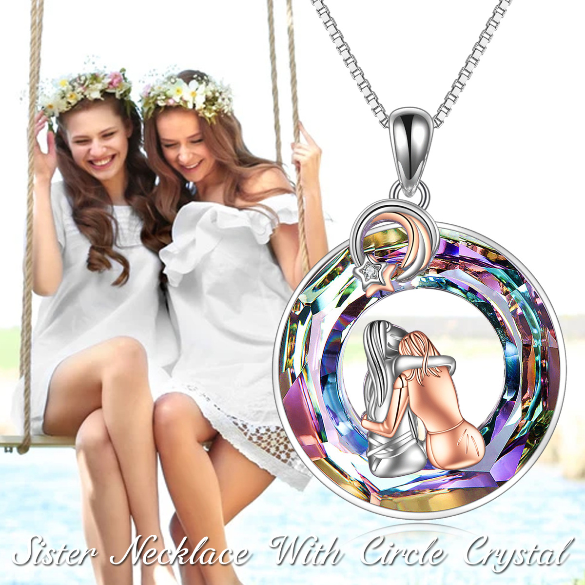 Sterling Silver Two-tone Hugging Sisters with Circle Crystal Pendant Necklace-6