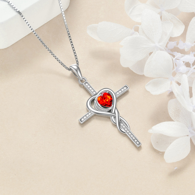 Sterling Silver Heart Zircon Cross & Heart Pendant Necklace-2