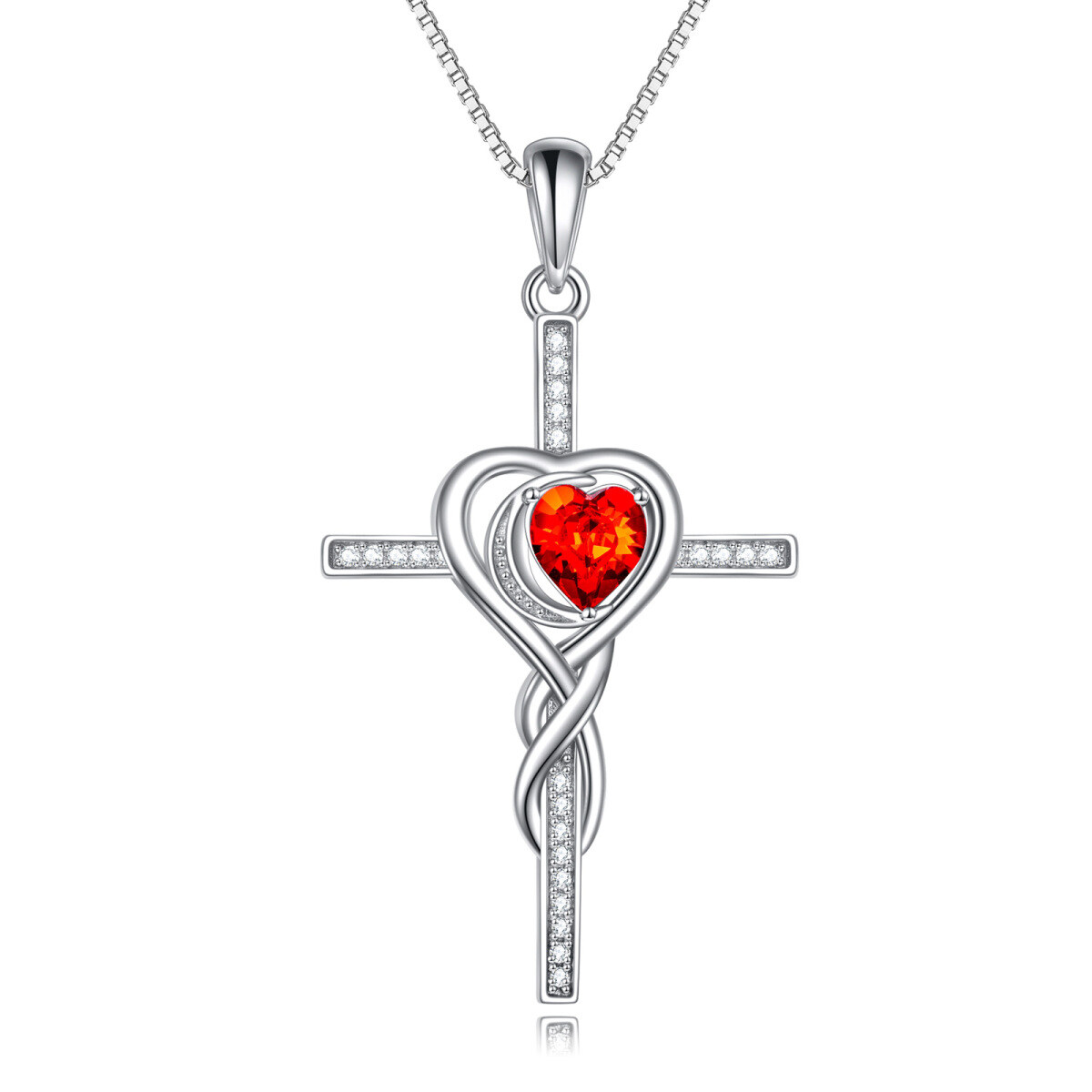 Sterling Silver Heart Zircon Cross & Heart Pendant Necklace-1