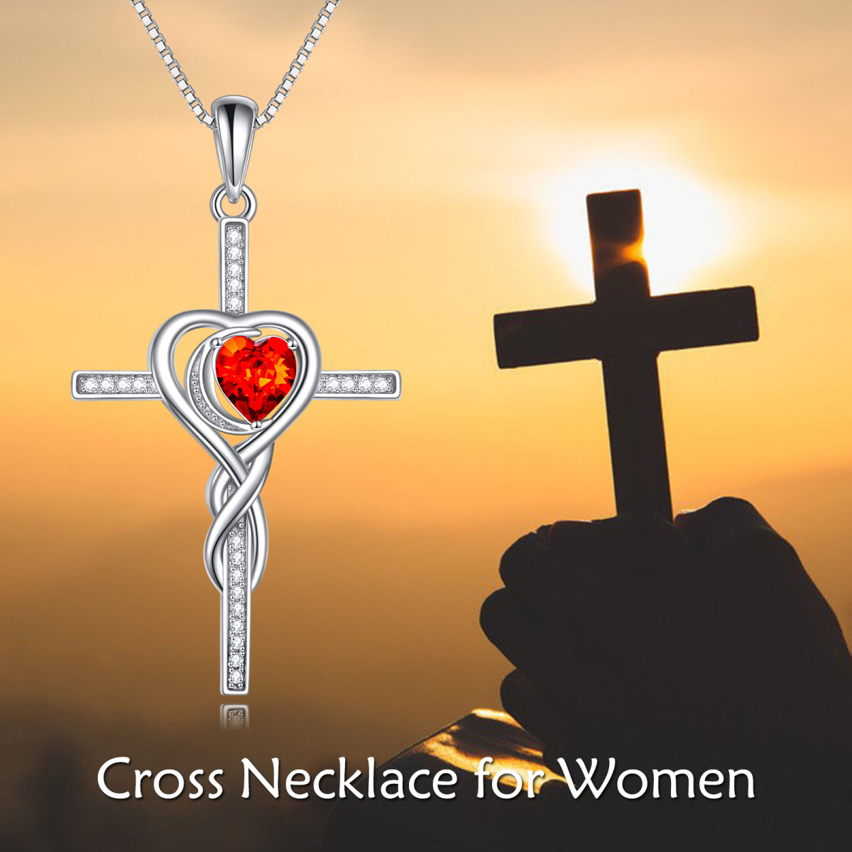 Sterling Silver Heart Zircon Cross & Heart Pendant Necklace-5