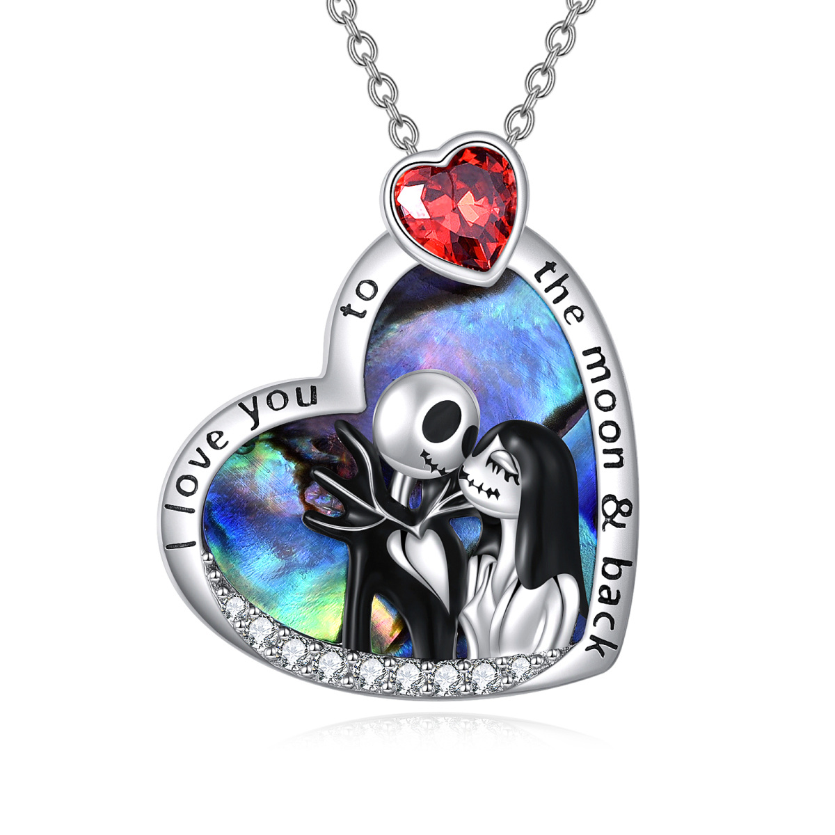 Sterling Silver Heart Abalone Shellfish Couple & Heart Pendant Necklace with Engraved Word-1