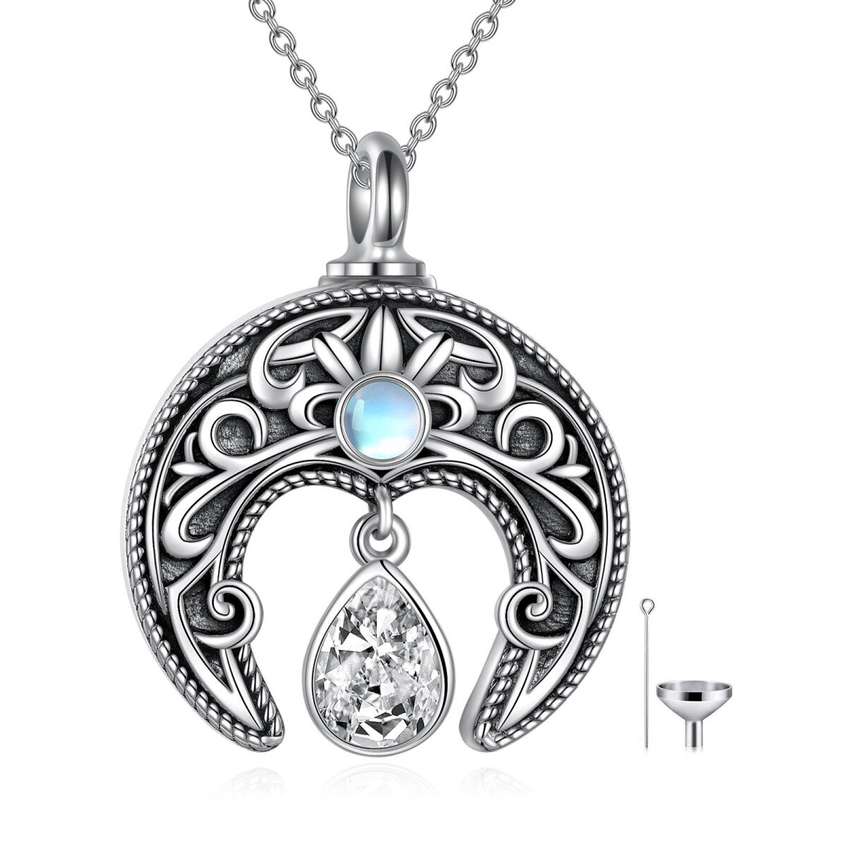 Sterling Silver Zircon Moon Urn Necklace for Ashes-1
