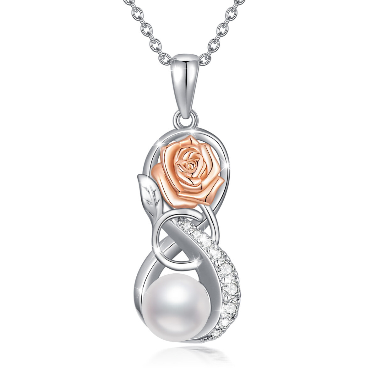 Sterling Silver Two-tone Circular Shaped Pearl Rose & Infinity Symbol Pendant Necklace-1