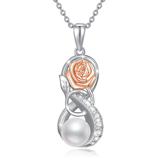 Srebrny, dwukolorowy, okrągły naszyjnik z perłą, różą i symbolem nieskończoności